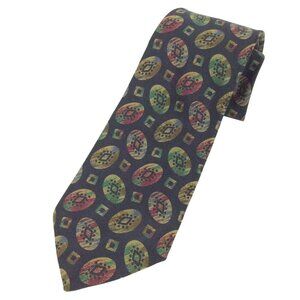 Barneys New York Silk Tie Navy Blue Abstract Oval Pattern Made In Italy